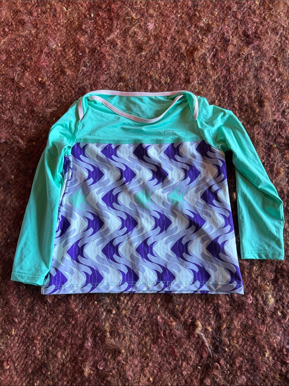 Patagonia Kids Long-Sleeve Rashguard in Aqua and Purple Wave Print